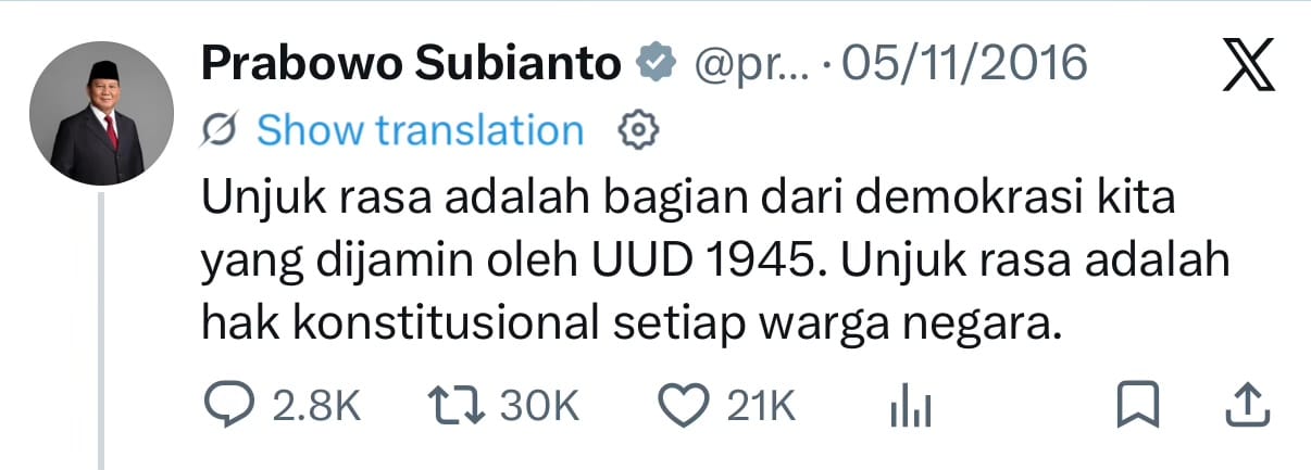 Tangkapan layar cuitan akun X terverifikasi Prabowo Subianto bertanggal 05/11/2016, dengan 2,8 ribu balasan, 30 ribu unggah ulang, dan 21 ribu suka. Bunyi cuitannya ditranskripsikan lengkap di bawah gambar ini.