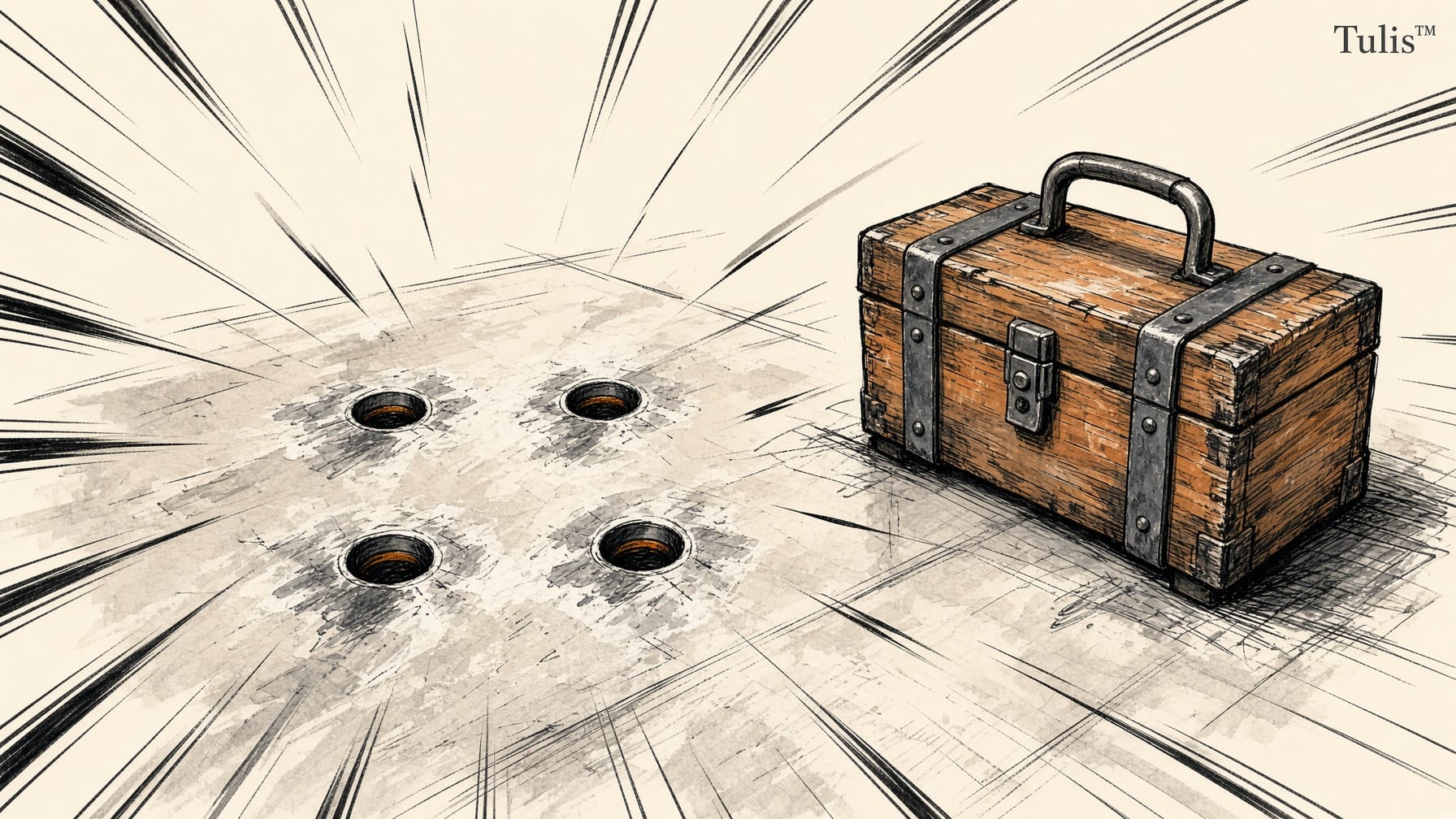 Ilustrasi editorial gaya marker: lantai pabrik kosong dengan empat lubang baut bekas mesin bubut, di sampingnya kotak perkakas kayu using, warna oranye dan abu gelap.