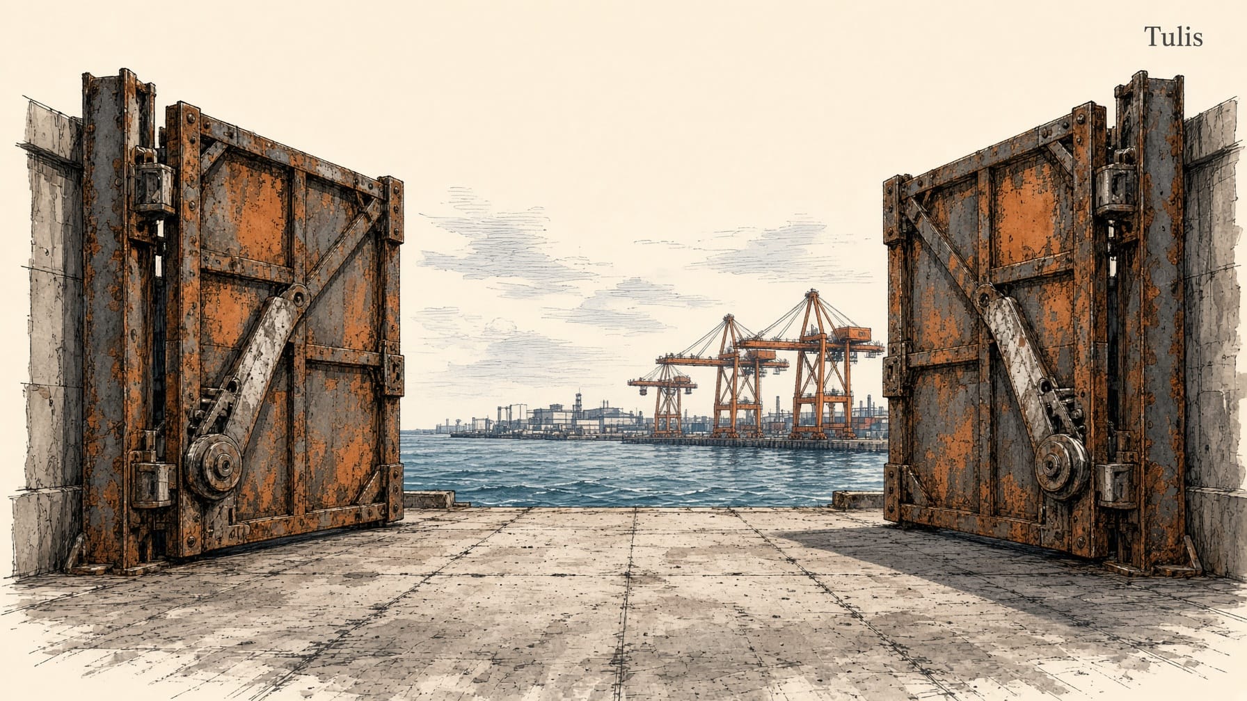 Ilustrasi editorial gaya marker: gerbang pelabuhan besi berkarat terbuka lebar, laut dan crane peti kemas terlihat di baliknya, lantai beton kosong di depan.