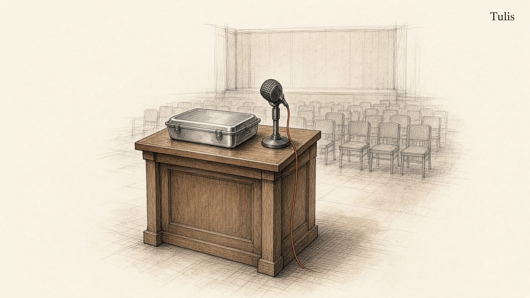 Sketsa pena dan tinta di atas kertas krem: sebuah ompreng stainless tertutup diletakkan di podium kayu bersama satu mikrofon, menghadap deretan kursi kosong di aula yang tidak berpenghuni.