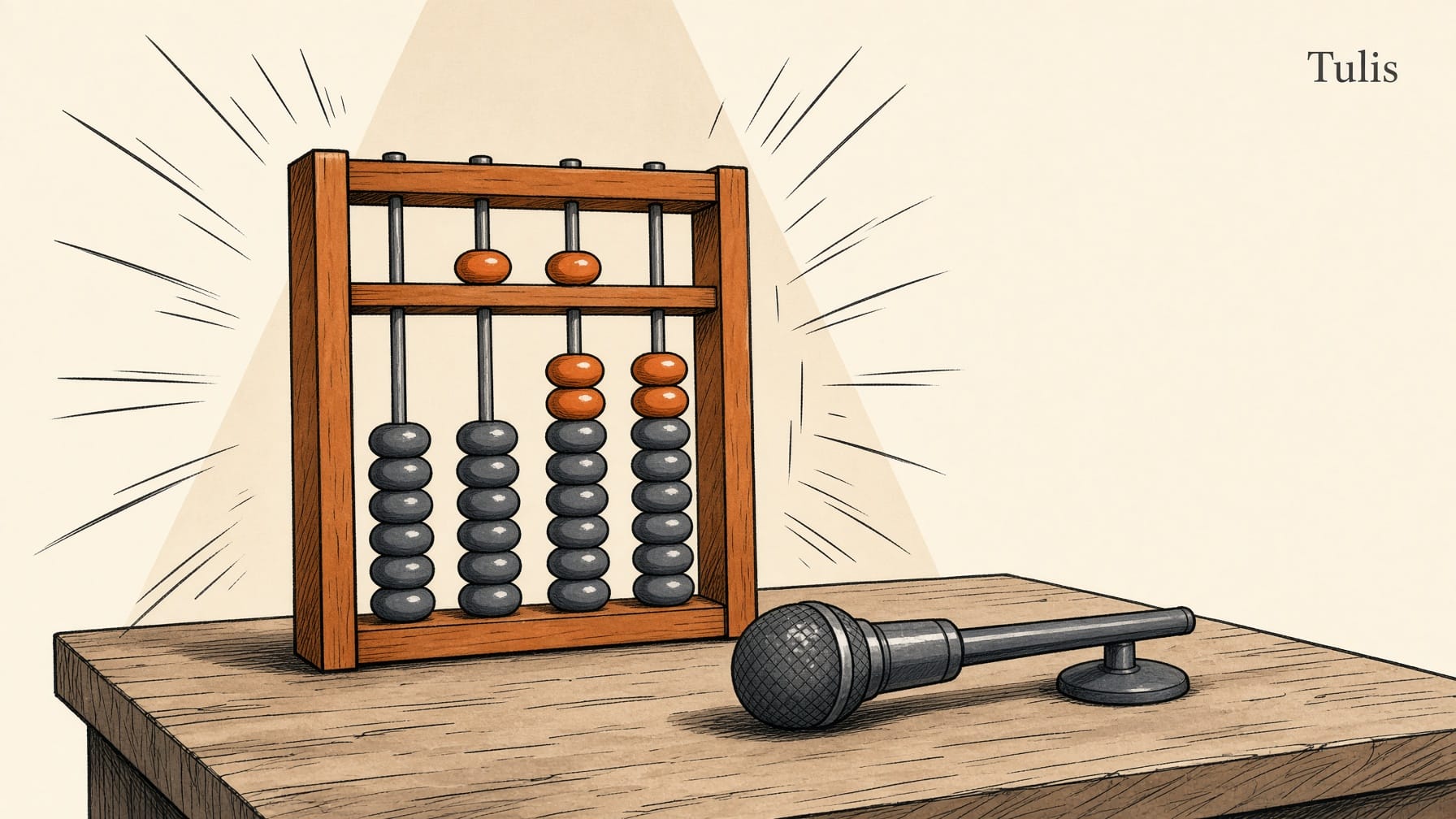 Ilustrasi marker: sempoa kayu berdiri di atas meja, beberapa manik oranye terdorong ke atas di tengah hitungan, sisanya diam di bawah, dan sebuah mikrofon podium tergeletak di depannya.