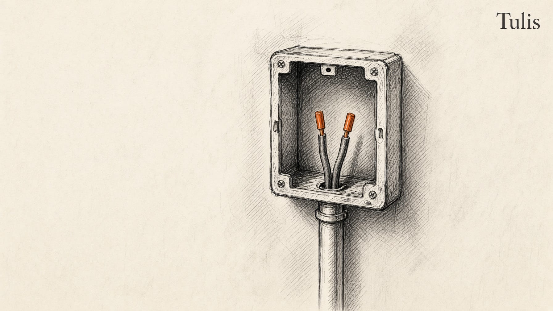 Ilustrasi marker: kotak sakelar di dinding dengan lubang kosong tanpa tombol, dua ujung kabel sudah sampai ke lubang itu dan tinggal disambungkan, tanpa orang.