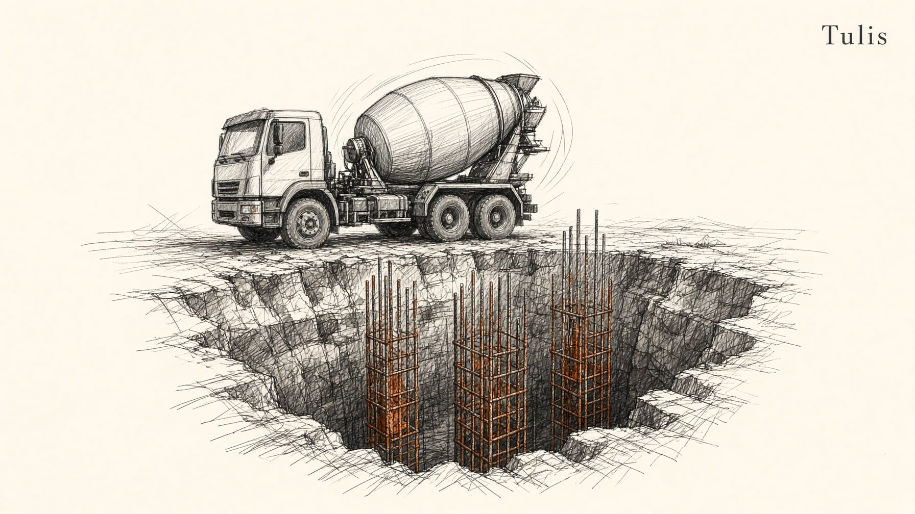 Ilustrasi marker: lubang galian fondasi dengan besi tulangan berkarat, truk mixer beton di tepinya dengan drum yang masih berputar, tanpa pekerja.