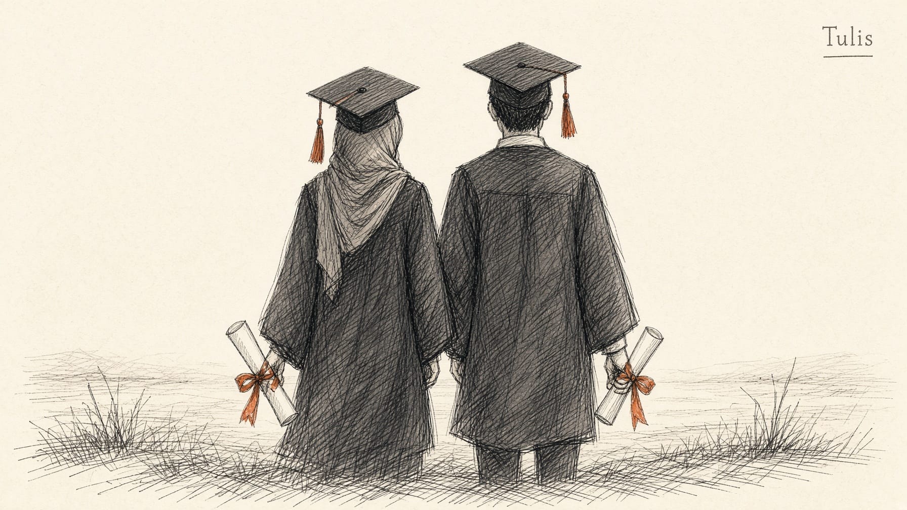 Ilustrasi marker: dua wisudawan muda dilihat dari belakang, memakai toga, yang perempuan berjilbab di bawah topi wisudanya, masing-masing memegang gulungan sertifikat.