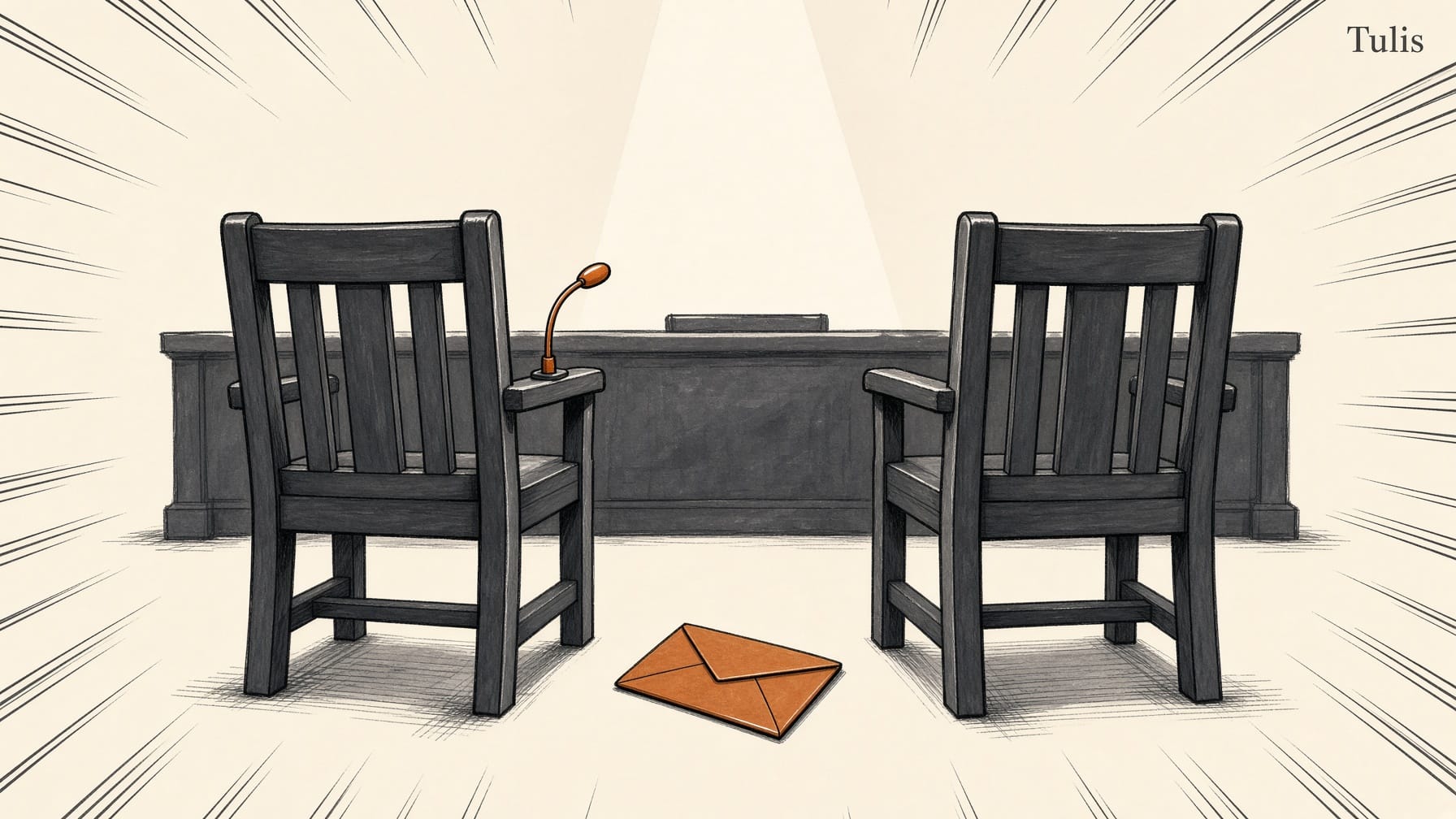 Ilustrasi dua kursi kayu ruang sidang berdampingan, kursi saksi bermikrofon kecil dan kursi terdakwa kosong, satu amplop cokelat tertutup di lantai di antara keduanya.